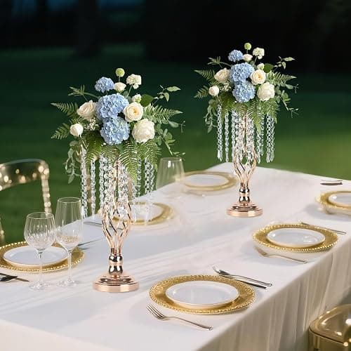 SOCROTO 10 Pcs Crystal Flower Stand Gold Wedding Centerpieces 16.9 Inch Tall Gold Vase with Chandelier Metal Wedding Centerpiece Vase for Birthday Party Reception Festivals Party Decor (S-16.9inch) thumbnail 2