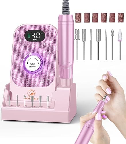 Portable Nail Drill Electric File: Professional Nail E File Machine 40000RPM Rechargeable Cordless Pink Diamond Nail Drill with Bits & Base for for Acrylic Nails Remove Gel Polish Manicure, Salon Home - Image 1