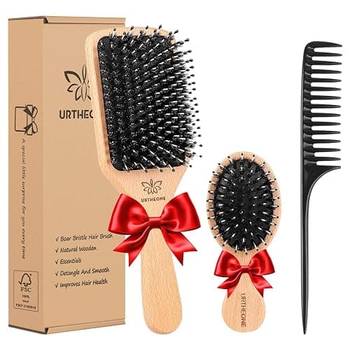 Boar Bristle Hair Brush and Comb Set for Women Men Kids, Best Natural Wooden Paddle Hairbrush and Small Travel Styling Brush for Wet or Dry Hair Detangling Smoothing Massaging - Image 1