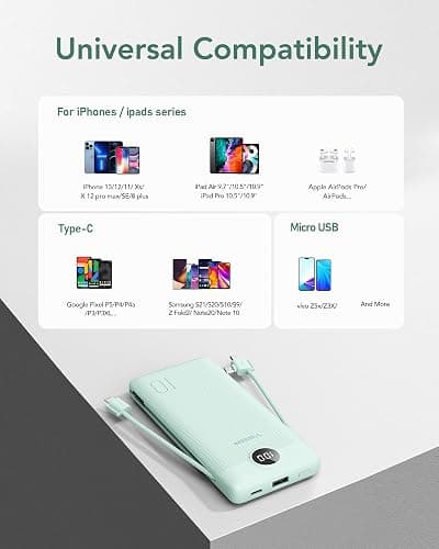 VEGER Portable Charger with Built-in AC Plug and Cables, All in One 10000mAh Ultra Slim Power Bank Travel Essentials, 15W Fast Charging Battery Pack Compatible with iPhone, Samsung, Android (Green) thumbnail 6