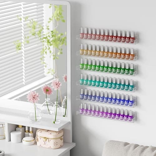NIUBEE 6PCS Nail Polish Rack: 15 Inch Acrylic Nail Polish Organizer Wall for 66-108 Bottles- Multi-purpose Clear Floating Shelves with Removable Anti-slip End Inserts thumbnail 5