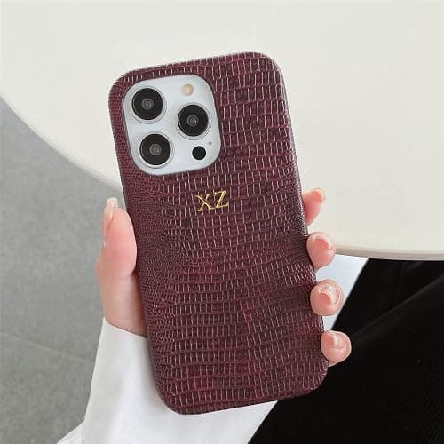 ZIPULIS Personalise Gold Silver Initial Letters Leather Case for iPhone 14 15 16 17 Pro max 13 17 Pro Xs Max 12 11 XR 14 15 16 Plus 17air Luxury Lizard Skin Texture PU Cover (Burgundy) - Image 1