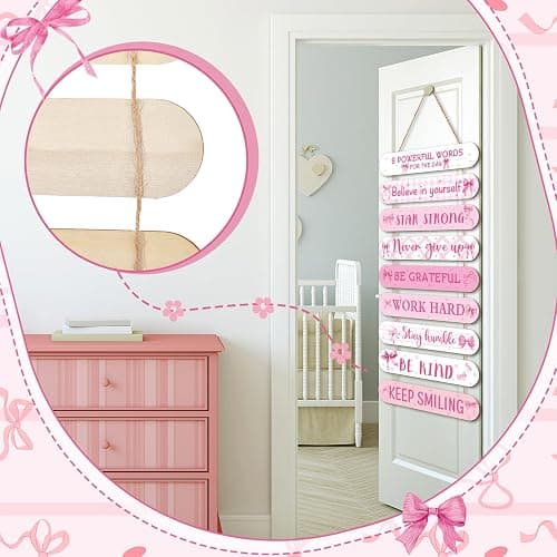 Beeveer Pink Coquette Bow Inspirational Wall Art Decoration Wooden Pink Coquette Party Hanging Sign Positive Quotes Wall Sign Gifts Supplies for Home Living Room Bedroom Bathroom Classroom Gym thumbnail 4