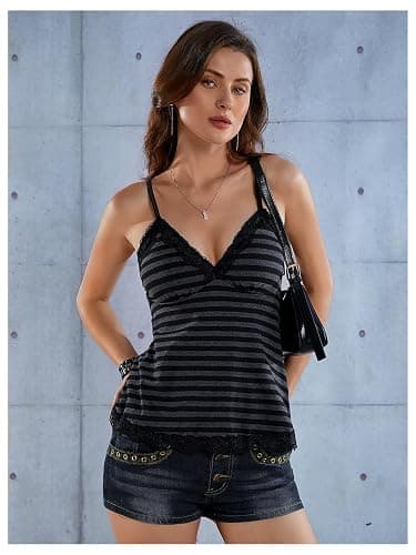 SOLY HUX Womens Y2K Lace Cami Striped Cute Babydoll Tops | Spaghetti Strap Camisole, Grunge Clothes, Going Out Tops, Gothic thumbnail 5