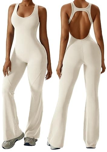 OEAK Womens Flare Jumpsuit with Bra Tummy Control Cutout Romper Workout Outfit Sleeveless Unitard One Piece Backless Bodysuit - Image 1