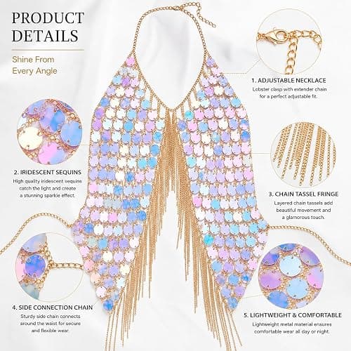 Sequin Body Chain Vest - Iridescent Tassel Jewelry Top for Music Festival, Rave Outfits & Summer Beach Party Layering Accessories,One Size thumbnail 3