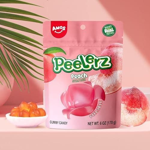 AMOS Peelerz Peelable Gummy Candy 4-Pack Variety Bundle, 85g Each (Total 340g), Mango, Grape, Banana, Peach Flavors, Soft Chewy Fruit Gummies, Fun Peelable Candy Snack thumbnail 6