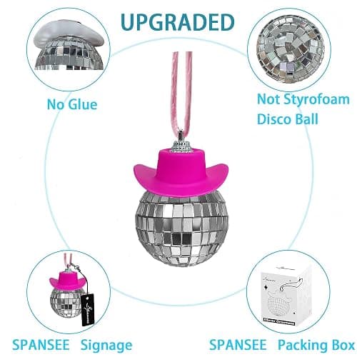 SPANSEE Pink Disco Ball Car Ornament, Mirror Ornament, Cowboy Hat Accessory, Cute Disco Ball Charm Accessories thumbnail 4