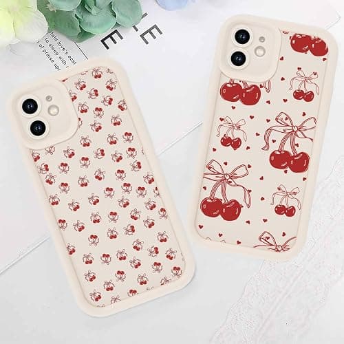 Zrutru 2 Pack Cherry Phone Case for iPhone 12 mini 5.4",Cute Aesthetic Cases Kawaii Bow Design Pattern Cover for Girls Women,Beige Soft Anti-Scratch Shockproof Protection Funda for iPhone 12 mini thumbnail 7