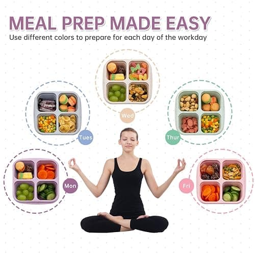 rngwaper 5 Pack Bento Lunch Box，4 Compartment Snack Containers，Divided Bento Snack Box，Meal Prep, Lunch Box Kids/Toddle/Adults,Food Storage Containers for School, Work and Travel (Multicolor-1) - Multicolor-5pack thumbnail 6