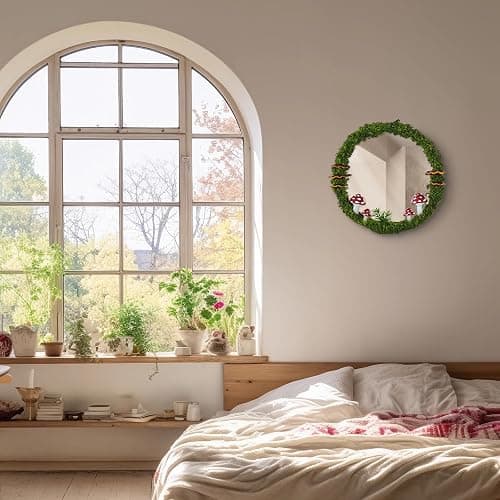 EVOLUX Wall Mirror Mushroom Decor Handmade Moss Round Hanging Mirror Cottage Core Wall Decor Room Decor Aesthetic(11'') Green,70-MGJ thumbnail 3