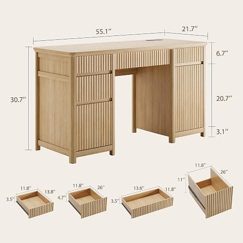 OneBlis 55" Fluted Executive Desk with Drawers & Charging Station, Large Wood Computer Desk with File Drawer and Storage Cabinet, Modern Home Office Desk with Power Outlets, Oak Wood thumbnail 2