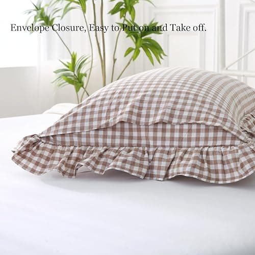 Silnuo Taupe/White Plaid Ruffled Pillow Covers Queen Size Set of 2, Washed Cotton Shabby Checkered Gingham Pillow Shams 20"x30" thumbnail 4
