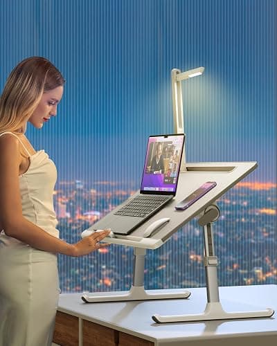 SAIJI Laptop Bed Tray Desk with LED Desk Light, Adjustable Laptop Stand for Bed, XX-Large PVC Leather Foldable Table with Book Stand, Wrist Rest, Extra Leg Room (Grey) thumbnail 9