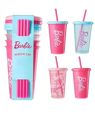 MINISO Barbie 16oz Iced Coffee Cups with Lids & Straws Set of 4 Reusable Plastic Tumblers BPA Free Cup for Cold Drinks, Milkshake, Smoothie, Juice, Water, Travel and Party Favors gift - Image 1
