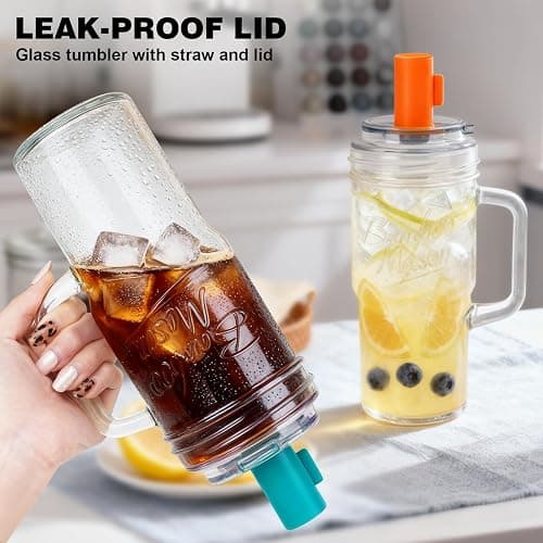 Bamboo Mason Leakproof Mason Jar Cups with Lids and Straws, 24oz Glass Tumbler with Handle, Leak-Proof Rotating Lid & Silicone Straw, Reusable Iced Coffee & Matcha Cup Set Coffee Gifts for Women -2pc thumbnail 2