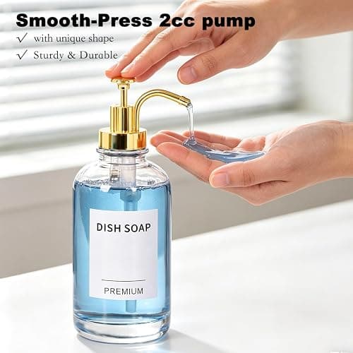 Dish Soap Dispenser for Kitchen, Hand Glass Soap Dispenser Set with Pump, Tray, Funnel for Bathroom, Shower, Laundry, Liquid, Lotion (Gold 2 Pack 18 Oz Clear Bottles with 12 Stickers) thumbnail 5