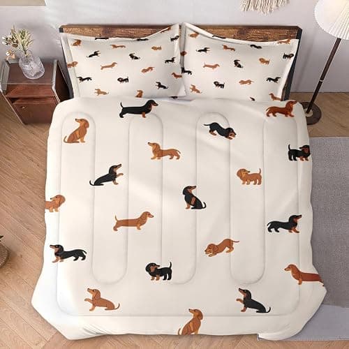 Zzzboro Comforter Set with 2 Pillowcases Queen Size, Cute Happy Dachshund Dog Puppy, Bedding Decor Cartoon Animal Pug Geometric Brown for Kids and Adults, Soft Cozy Bedroom Bed Set thumbnail 6