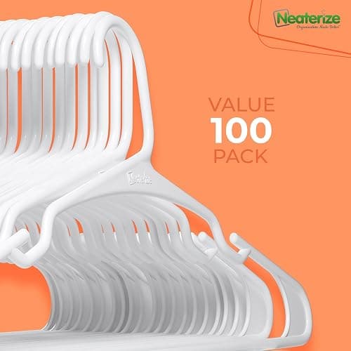 NEATERIZE Clothes Hangers Plastic 100 Pack for Adults - Plastic Hangers, The Perfect Coat Hanger and Space Saving Clothes Hangers for Closet - White Hangers thumbnail 7