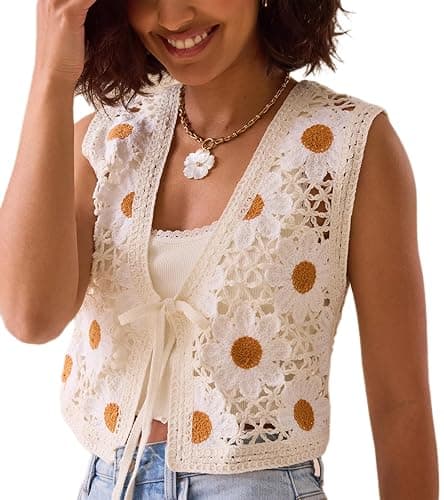 Yojeasrio Women Y2K Crochet Knit Vest Cute Tie Front Tank Top Sleeveless V Neck Crop Hollow Out Sweater Vest Going Out Tops - Image 1