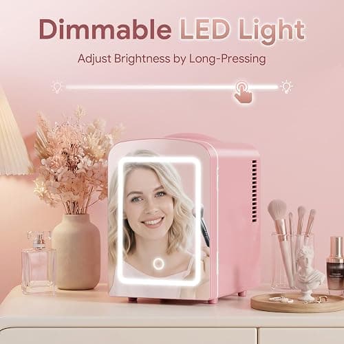 Xbeauty 4L Mini Skincare Fridge With Dimmable LED Mirror | Mini Makeup Fridge for SkinCare, Cosmetics, Food & Drinks, Portable Small Refrigerator for Bedroom, Dorm, Car, Office, Pink thumbnail 4