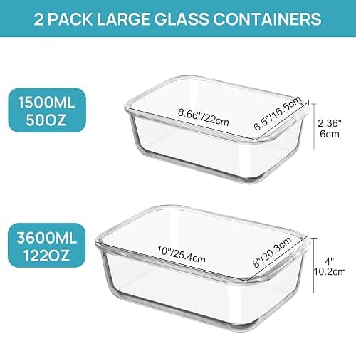 Vtopmart 122oz+50oz Large Glass Food Storage Containers with Airtight Lids, Big Glass Containers for Roasting Chicken, Baking Casseroles, Food Storage, Meal Prep, Fruits, Thanksgiving Meals, BPA-Free thumbnail 3