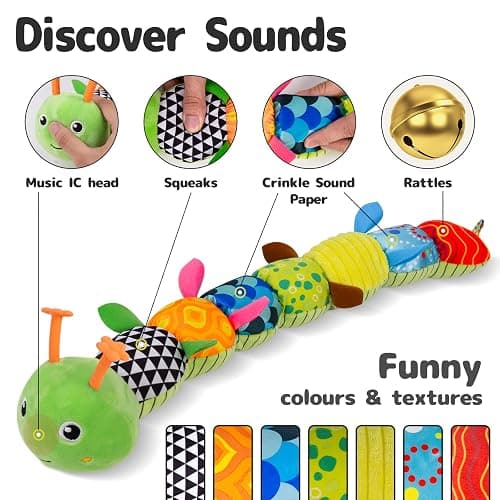 Sumobaby Infant Baby Musical Stuffed Animal Activity Soft Toys with Multi-Sensory Crinkle, Rattle and Textures, for Tummy Time Newborn 0-3-6-12 Months Boys, Girls, Caterpillar thumbnail 3