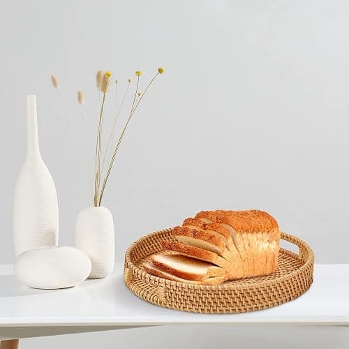 Whalehub Round Rattan Serving Tray with Handles, Hand Woven Basket, Home Decor Organizer Tray for Breakfast, Tea, Snack, Fruit, Coffee,Storage (Medium)(11.9inchX1.7inch) thumbnail 5