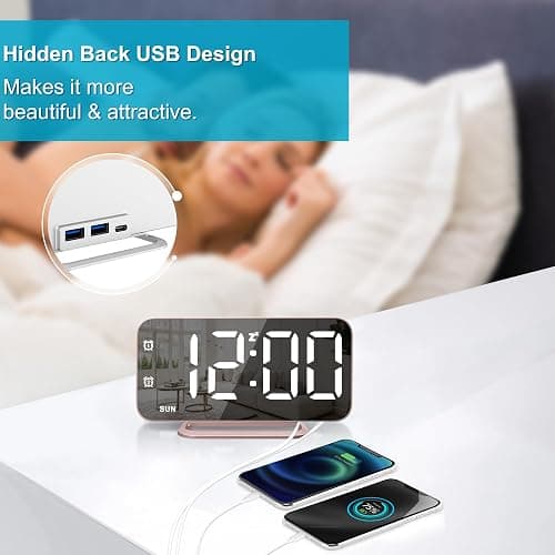 Slim LED Digital Alarm Clock, Mirror Surface for Makeup, with Diming, Large Display, Easy Setting, USB Ports, Modern Decor for Bedroom, Desk, Christmas, Birthday Idea Gift for Women, Sister, Mom, Pink thumbnail 5