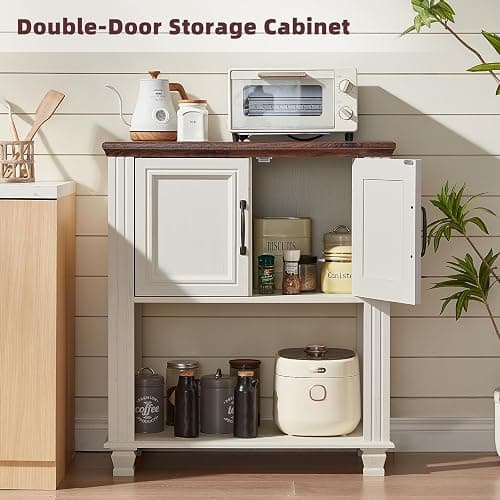 SAVOR LIFE Farmhouse Coffee Bar Table with 2-Door Cabinet, Kitchen Storage Cabinets with Open Shelf, Coffee Station for Dining Room, Kitchen, Hallway, Living Room, White thumbnail 3
