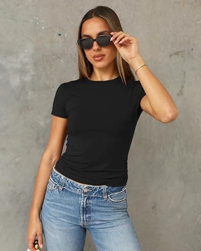 Abardsion Women's Casual Basic Going Out Crop Tops Slim Fit Short Sleeve Crew Neck Tight T Shirts 2026 thumbnail 2