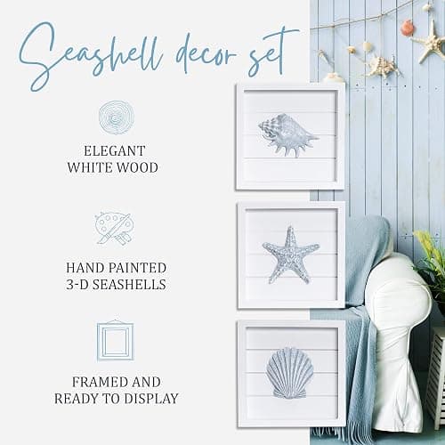 TideAndTales Blue Seashells and Starfish (Framed Set of 3) Coastal 3D Wall Art, Beach Wall Decor for Bathroom or Coastal Bedroom, Ocean Inspired Seaside Decorations for Home or Beach House (7"x7") thumbnail 6