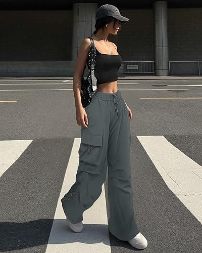 FLEFRM Cargo Pants Women Baggy High Waisted Parachute Pants with Pockets Wide Leg Y2K Casual Pants for Women thumbnail 3