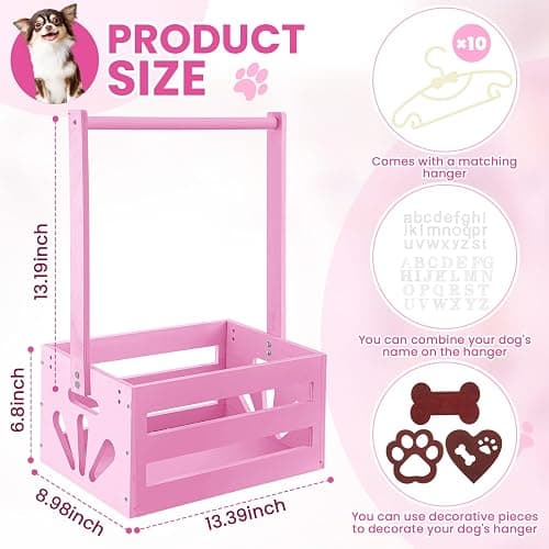 Teenyyou 20" x 13" x 9" Wooden Dog Closet Pet Wardrobe Crate Box with Hanging Rods and Personalized Alphabet Letters Easy Assembly Baskets for Dog Cat Toys Clothes Accessories(Pink) thumbnail 2