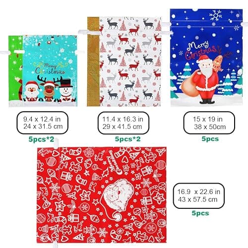 HRX Package Holiday Drawstring Gift Bags, 30pcs Christmas Foil Gift Wrapping Sacks Pouches for Xmas Presents Party Favor (Large Medium Small) thumbnail 4