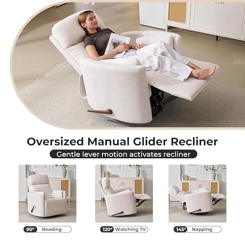 Rhevoy Oversized Swivel Recliner Chair with Massage and Heat, Rocking Chair Nursery with Adjustable Headrest, Rocking Chair Nursery Glider Chairs with 2 Pillows, Glider Rocker Recliner, White thumbnail 8