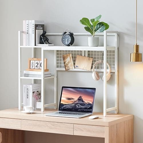 Grecodown 4-Tier Desk Hutch Shelf with Grid Panel, 36” Desktop Bookshelf for Monitor, Office & Home (White, 36") thumbnail 2