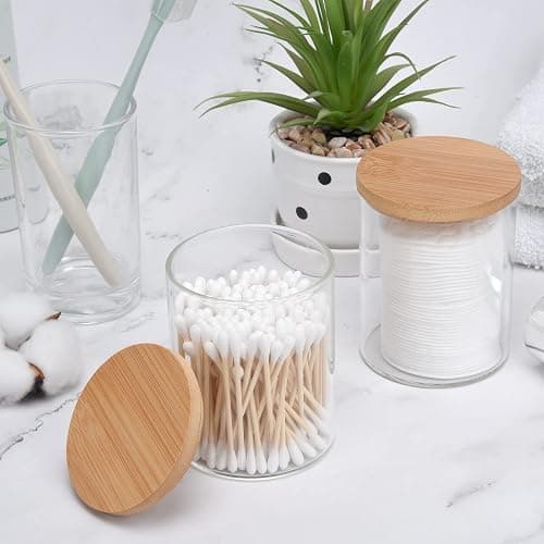 BKYFPQ 2 Pack Glass Qtip Holder Dispenser for Cotton Ball,Swab,Pads,Floss | Apothecary Jars with Lids,Vanity Makeup Organizer and Bathroom Canister Storage Organizer thumbnail 4