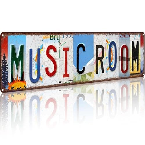 Music Room Vintage Metal Tin Sign, License Plate Style Wall Decor, Colorful Retro Design 4×16 Inch (26002) - Image 1