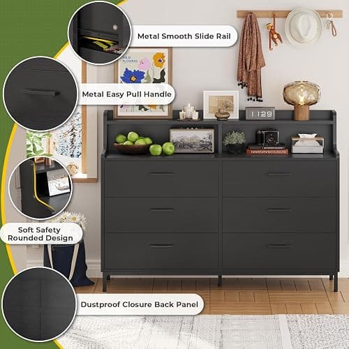Hasuit Black Dresser for Bedroom with 6 Drawers and Storage Shelves, Wide Chest of Drawers with Sturdy Steel Legs, Large Wooden Storage Tower Dresser Organizer, Dressers for Bedroom, Clost, Entryway thumbnail 3