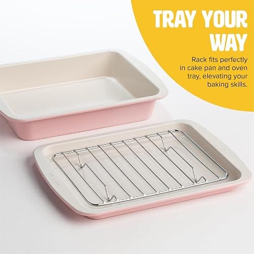 Tasty Nonstick Toaster Oven Baking Set Includes Cake Pan, Oven Tray, Rack, Carbon Steel Bakeware, 3-Piece Set, Pink thumbnail 6