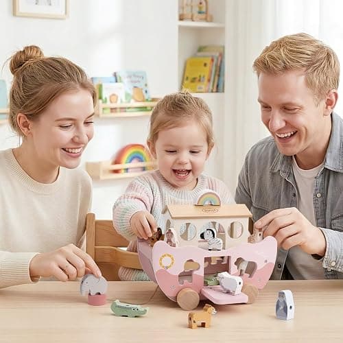 Joyreal Pink Wooden Noah's Ark Toy for 1 Year Old Baby Girl Baptism Gifts | Montessori Educational Toy, Animal Shape Sorter, Christian Toys for Toddler Boy 1-3 Years Old, Christmas Birthday Gift thumbnail 2
