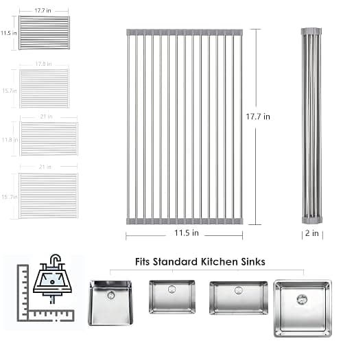 Tomorotec Roll Up Dish Drying Rack, Over The Sink Dish Drying Rack, Portable Stainless Steel Rolling Rack Multipurpose Kitchen Drainer Caddy Organizer Storage Shelf Holder, Gray - 17.7" x 11.5" thumbnail 7