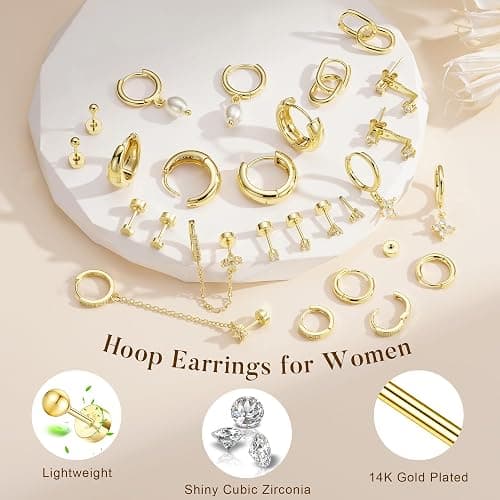 Turandoss 13 Pairs Gold Hoop Earrings for Women, Hypoallergenic 14K Gold Plated Hoop Stud Huggie Pearl Earring Set, Dainty Flat Back Cartilage Earring Stacks for Multiple Piercings thumbnail 3
