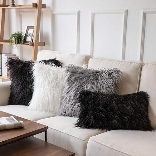 Phantoscope Pack of 2 Faux Fur Solid Throw Decorative Pillow Cover Cushion Covers Luxury Soft Halloween Decorative Pillowcase Fuzzy Pillow Covers for Bed/Couch, Black 18 x 18 Inches thumbnail 6