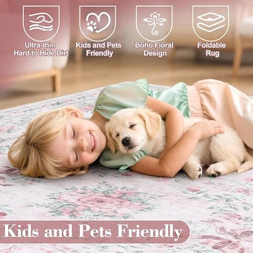 Wonnitar Floral Bow Pink Rug for Bedroom, Washable 5x7 Area Rug for Girls Nursery, Ultra-Thin Non Slip Soft Boho Carpet for Kids Room Dorm Living Room, Light Pink thumbnail 5