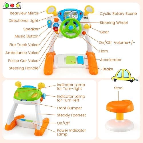 Freestanding Electronic Steering Wheel Driving Simulator Toy With Pedals And Stool, Lights and Sounds Activity Toy for Kids thumbnail 8