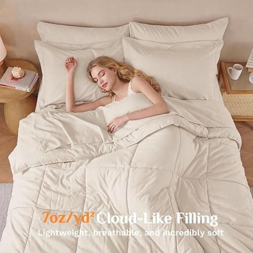 JOLLYVOGUE Queen Comforter Set, Ultra-Soft Bed in a Bag Queen Size 7 Pieces, Oeko-TEX Certified Bedding Set with Down Alternative Comforter, Sheets, Pillowcases & Shams, Beige thumbnail 3
