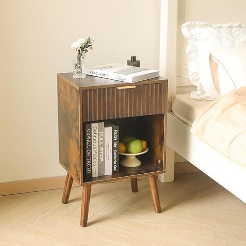 Fultyle Mid Century Modern Nightstand, Wood Bedside Table with Drawer and Opening Storage, End Table Living Room Fluted Night Stand with Solid Wood Legs for Bedroom (Rustic Brown) thumbnail 3