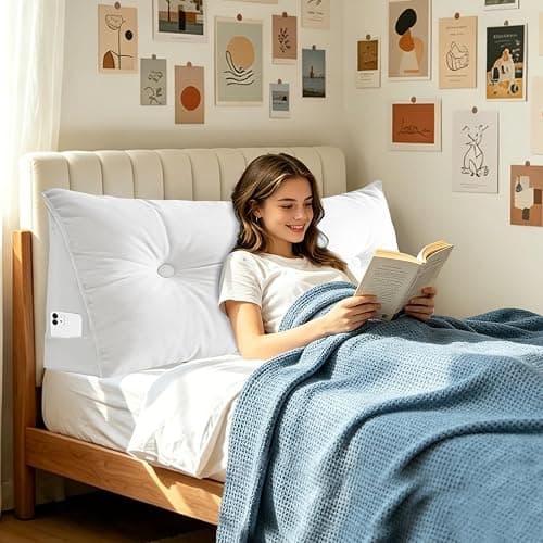 Bilimili Headboard Pillow Twin, 39" Wedge Reading Pillow for Bed Sitting Up, for College Dorm Bed & Sofa, Soft Plush Cover with Side Pockets, Beige - Image 1